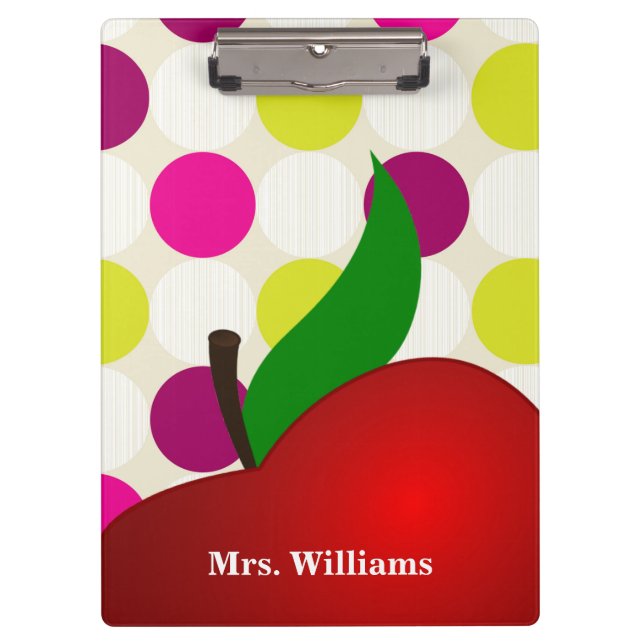 Personalized Black Polka Dot Red Apple Teacher Cli Klemmbrett (Vorderseite)