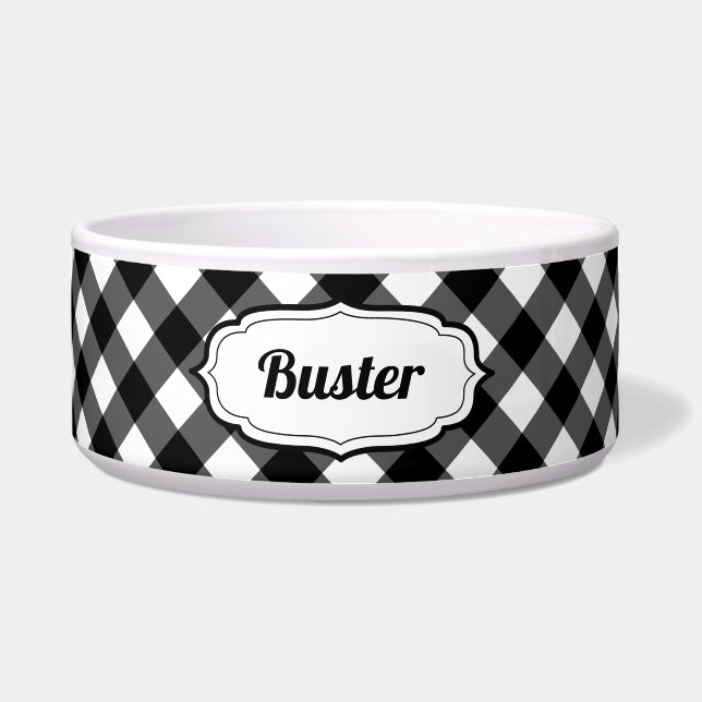 Personalized Black & White Gingham Check pet bowl  Napf (Vorderseite)