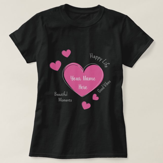 Personalized Black Women’s T-Shirt with Pink Heart (Design vorne)