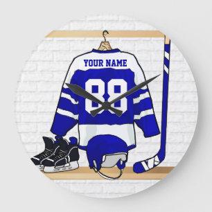 Personalized Blue and White Ice Hockey Jersey Große Wanduhr