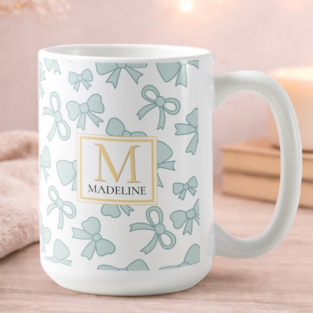 Personalized Blue Bow Girl Cute Gold Monogram Name Kaffeetasse (Von Creator hochgeladen)