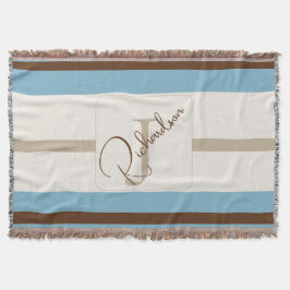 Personalized Blue Brown Stripe Monogram Coastal  Decke