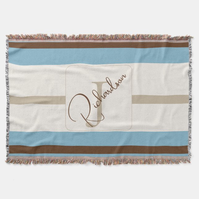 Personalized Blue Brown Stripe Monogram Coastal  Decke (Vorderseite)