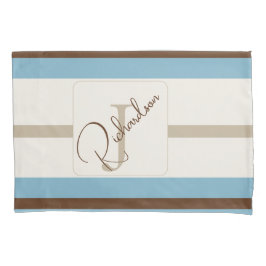 Personalized Blue Brown Stripe Monogram Coastal  Kissenbezug