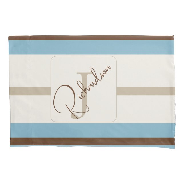 Personalized Blue Brown Stripe Monogram Coastal  Kissenbezug (Vorderseite)
