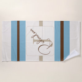 Personalized Blue Brown Stripe Monogram Coastal  Strandtuch