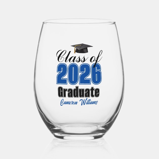 Personalized Blue Class of 2026 Graduation Weinglas Ohne Stiel (Vorderseite)