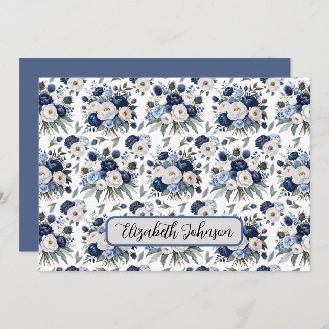 Personalized Blue Floral Botanical Note Card Mitteilungskarte (Vorne/Hinten)