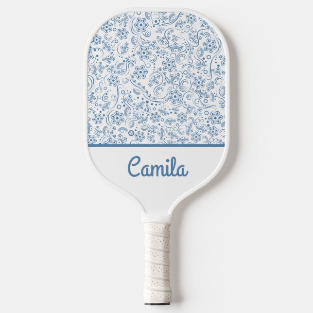 Personalized Blue Floral Pattern Custom Name  Pickleball Schläger (Vorderseite)