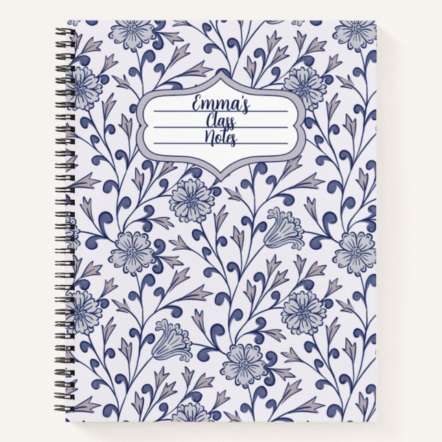 Personalized Blue Floral Spiral Notebook 8.5x11 Notizbuch (Vorderseite)
