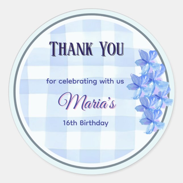 Personalized Blue Floral Thank You Sticker | Bday (Vorderseite)