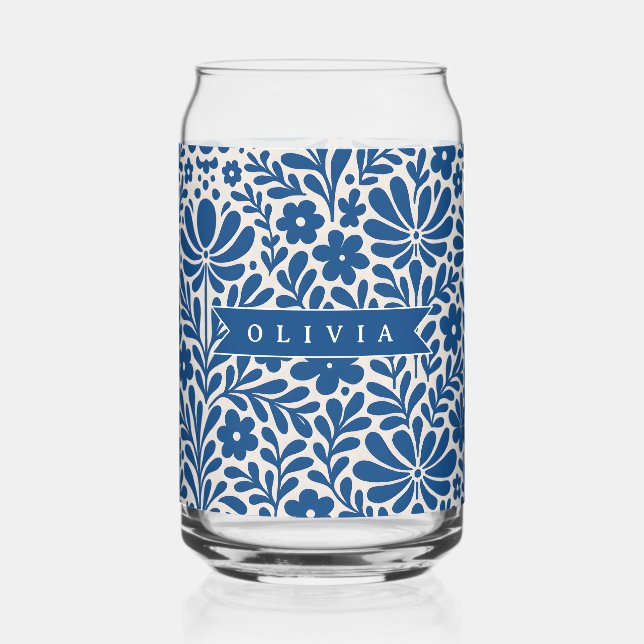 Personalized Blue Folk Floral Nordic Custom Dosenglas (Vorderseite)