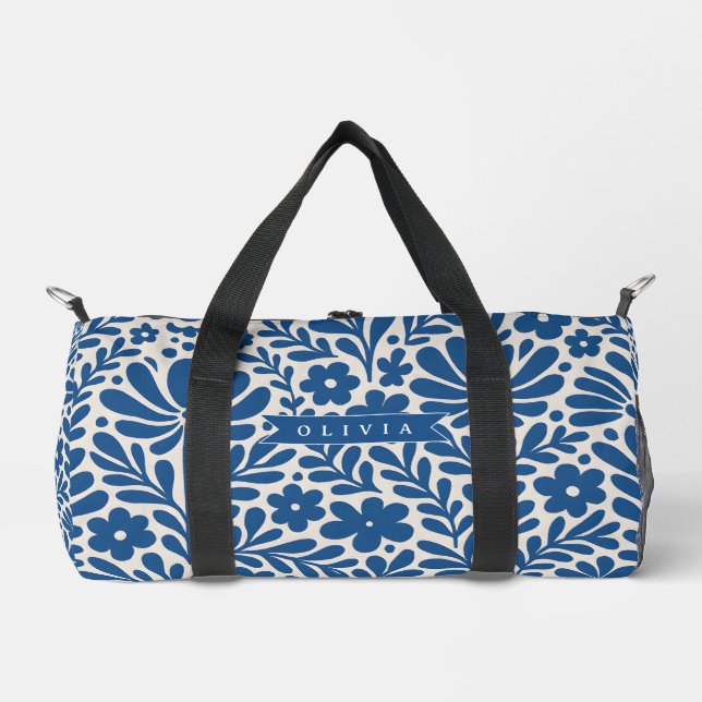 Personalized Blue Folk Floral Nordic Custom Duffle Bag (Vorderseite)