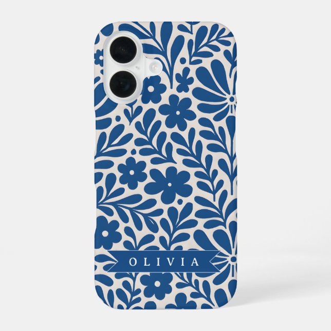 Personalized Blue Folk Floral Nordic Custom iPhone 16 Hülle (Rückseite)