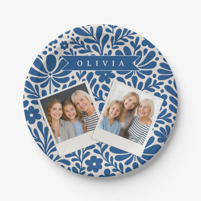 Personalized Blue Folk Floral Nordic Custom Pappteller (Vorderseite)