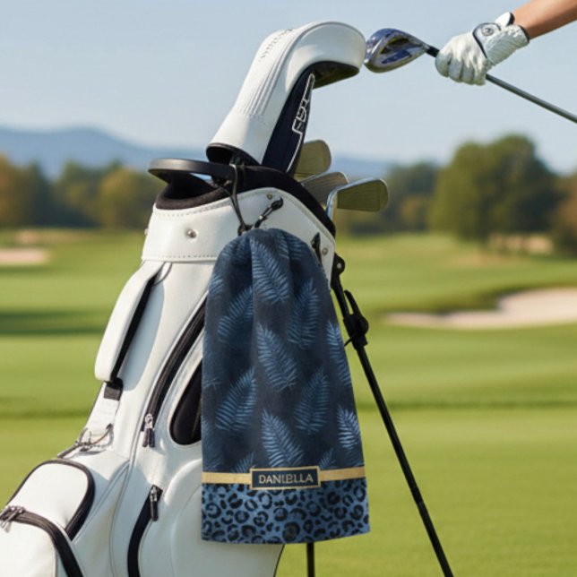 Personalized Blue Leopard Print Tropical Floral Golfhandtuch (Von Creator hochgeladen)