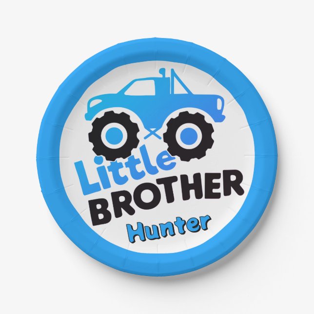 Personalized Blue Monster Truck Little Brother Pappteller (Vorderseite)