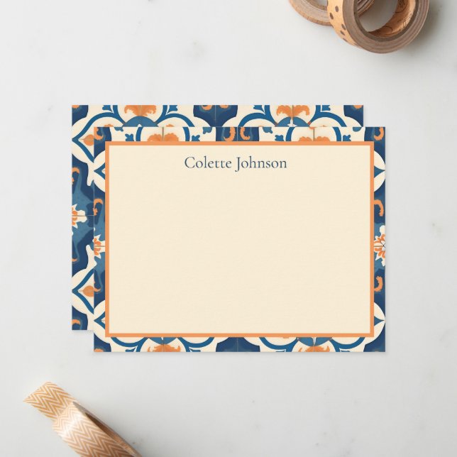 Personalized Blue Orange Tile Stationery Mitteilungskarte (Vorderseite/Rückseite Beispiel)
