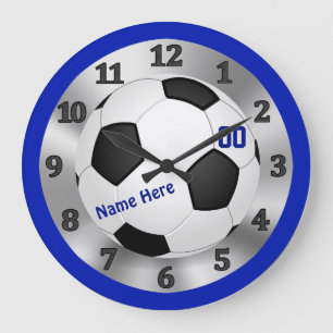 Personalized Blue Soccer Clock, NAME and NUMBER Große Wanduhr
