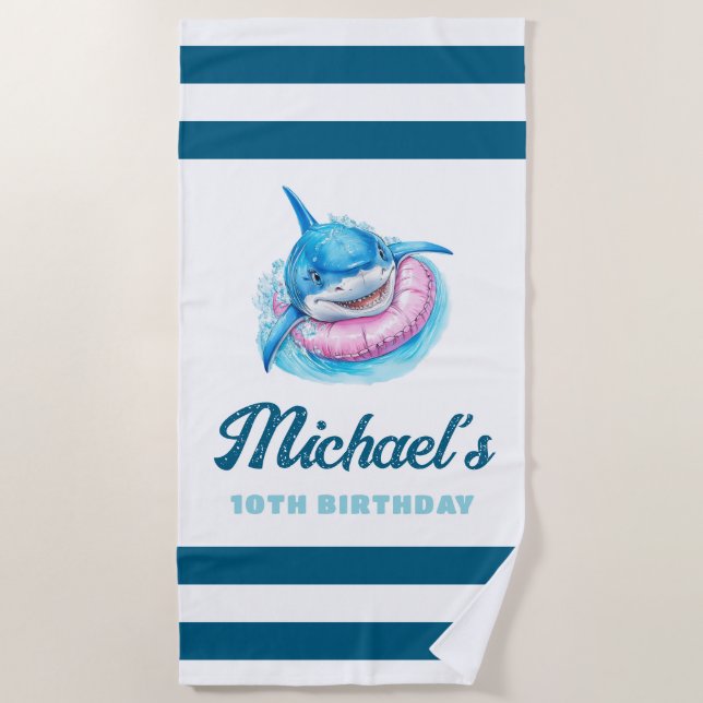 Personalized Blue Stripe with Shark Strandtuch (Vorderseite)