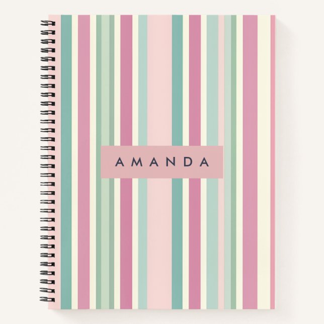 Personalized Blush Mint Pastel Stripes Notizbuch (Vorderseite)