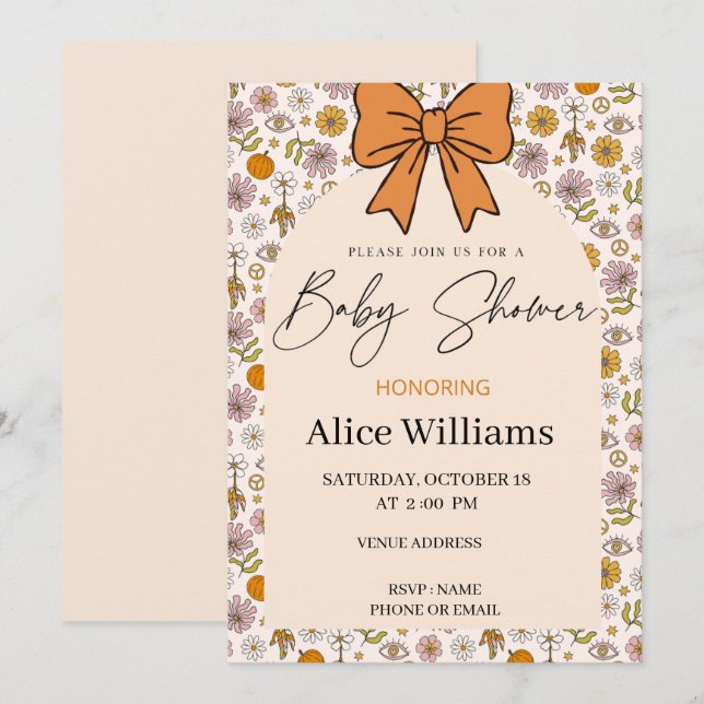 Personalized Boho Floral Bow Baby Shower Invite Einladung (Vorne/Hinten)