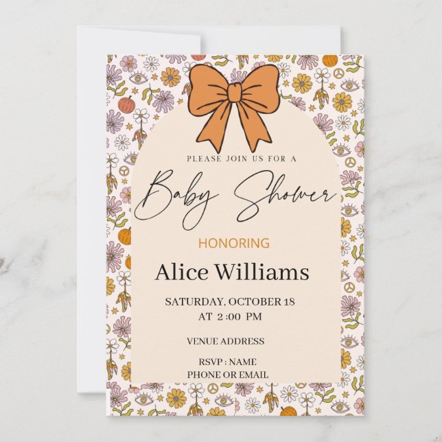 Personalized Boho Floral Bow Baby Shower Invite Einladung (Vorderseite)