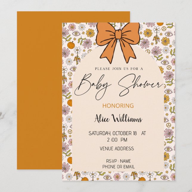 Personalized Boho Floral Bow Baby Shower Invite Einladung (Vorne/Hinten)