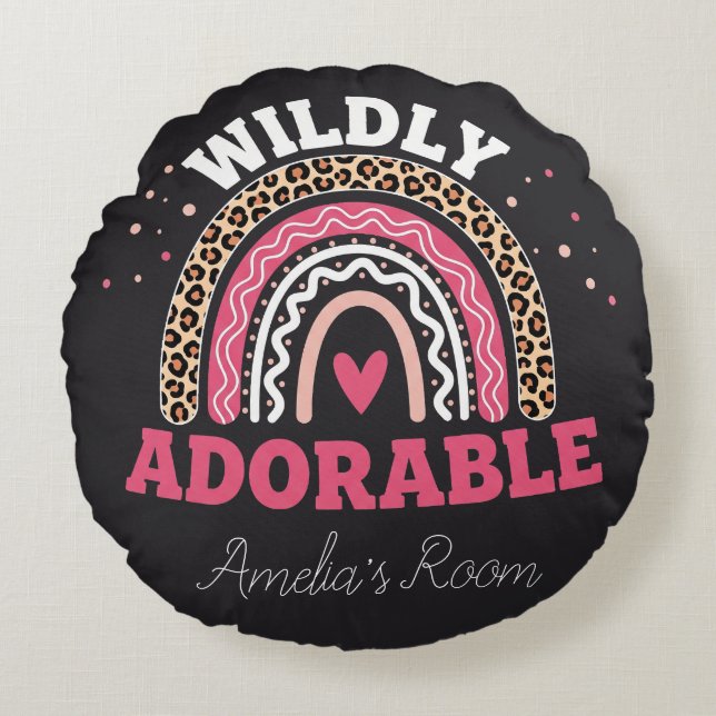 Personalized Boho Leopard Rainbow Nursery Round  Rundes Kissen (Vorderseite)