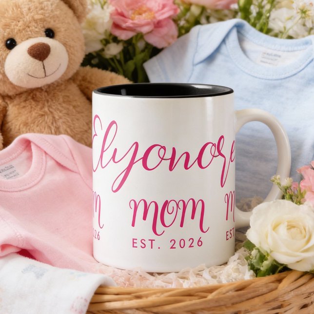 Personalized Bold  Name Est New Mom Pink Script  Zweifarbige Tasse (Von Creator hochgeladen)