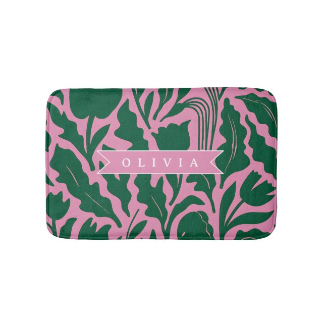 Personalized Bold Pink Botanical Floral Name Gift Badematte (Vorderseite)