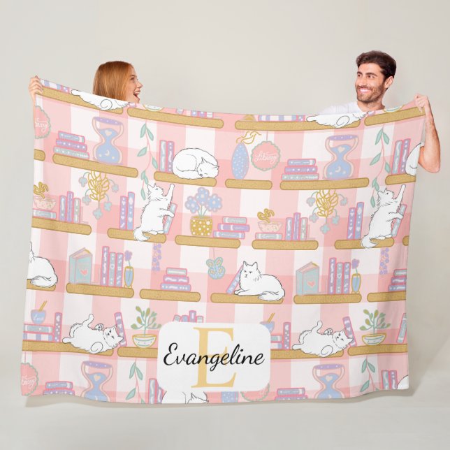 Personalized Bookish Cat Gift Pink Pastel Name Fleecedecke (Beispiel)