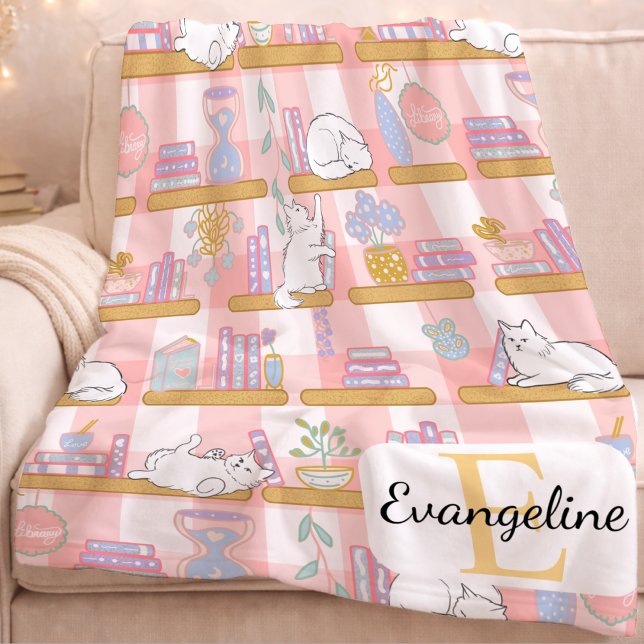 Personalized Bookish Cat Gift Pink Pastel Name Fleecedecke (Von Creator hochgeladen)