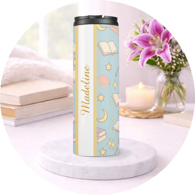 Personalized Bookish Girly Blue Cute Magic Name Thermosbecher (Von Creator hochgeladen)