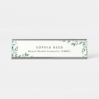 Personalized Botanical Watercolor Green Foliage Schreibtischnamensplakette