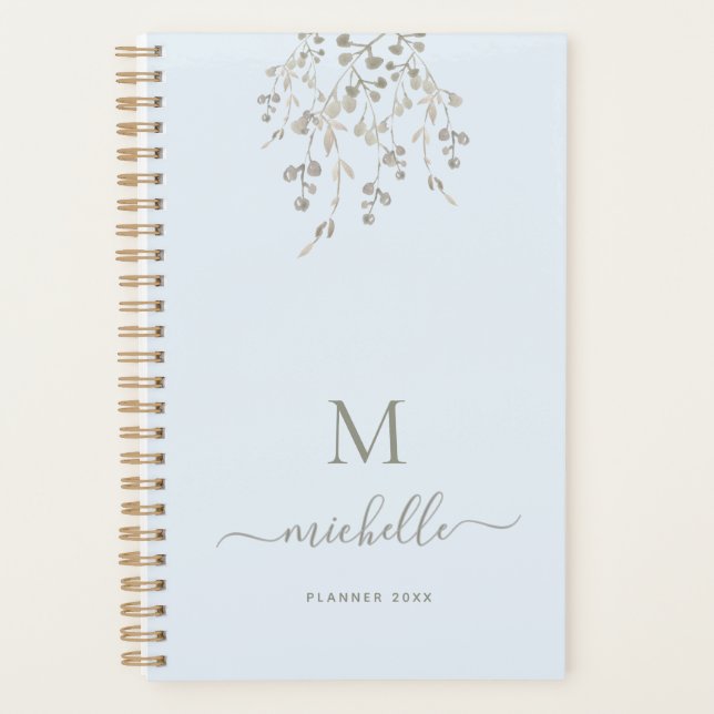 Personalized Botanical Watercolor Monogram Blue Planer (Vorderseite)