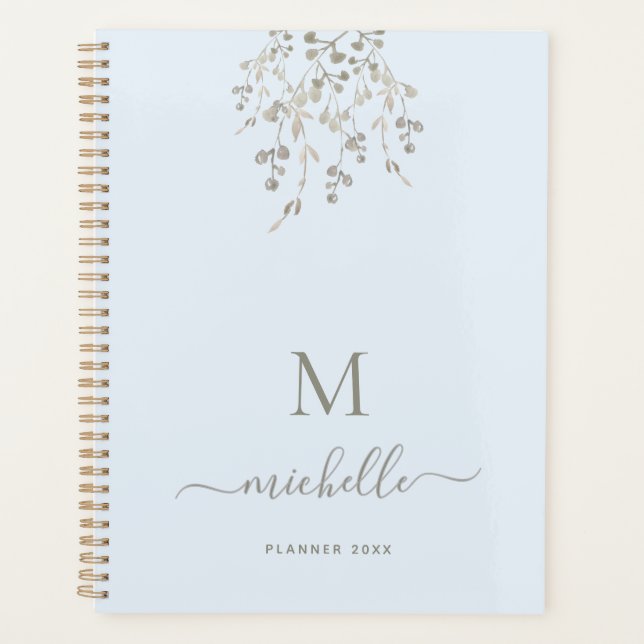 Personalized Botanical Watercolor Monogram Blue Planer (Vorderseite)