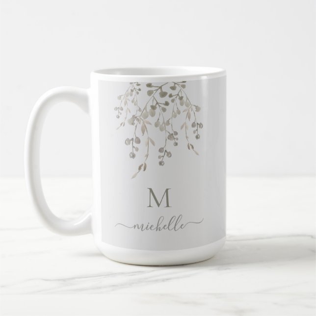 Personalized Botanical Watercolor Monogram Gray Kaffeetasse (Links)