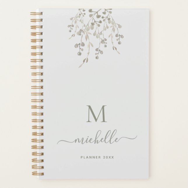 Personalized Botanical Watercolor Monogram Gray Planer (Vorderseite)