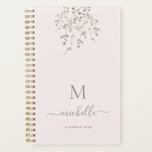Personalized Botanical Watercolor Monogram Pink Planer (Vorderseite)