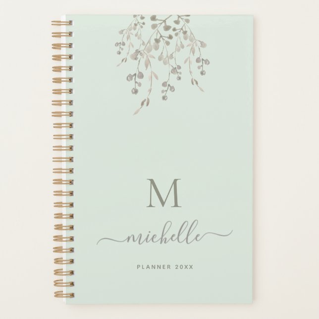 Personalized Botanical Watercolor Monogram Sage Planer (Vorderseite)
