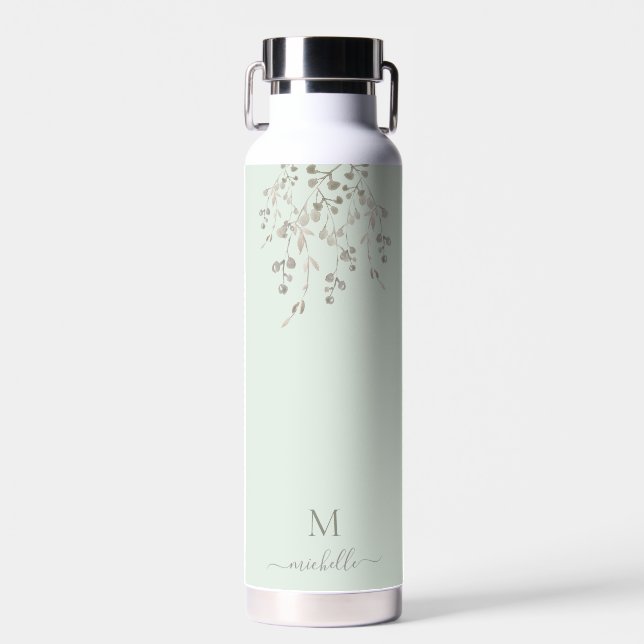 Personalized Botanical Watercolor Monogram Sage Trinkflasche (Vorne)