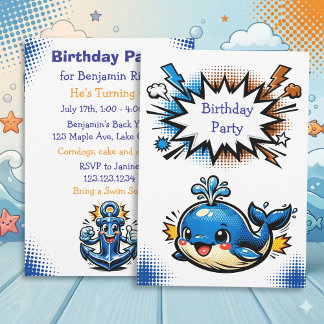 Personalized Boy's Nautical Whale  Birthday Party Einladung