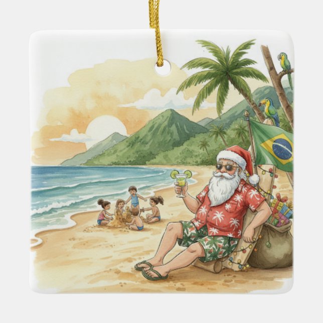 Personalized Brazilian Santa on Beach Christmas Keramikornament (Vorderseite)