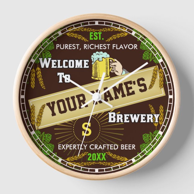 Personalized Brewery Welcome: Hops Barley Beer Uhr (Vorderseite)