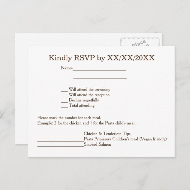 Personalized Bride & Groom RSVP and Menu Postcard Einladungspostkarte (Vorne/Hinten)