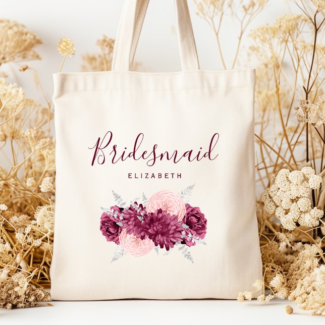 Personalized Bridesmaid Floral Burgundy Blush Tragetasche (Von Creator hochgeladen)