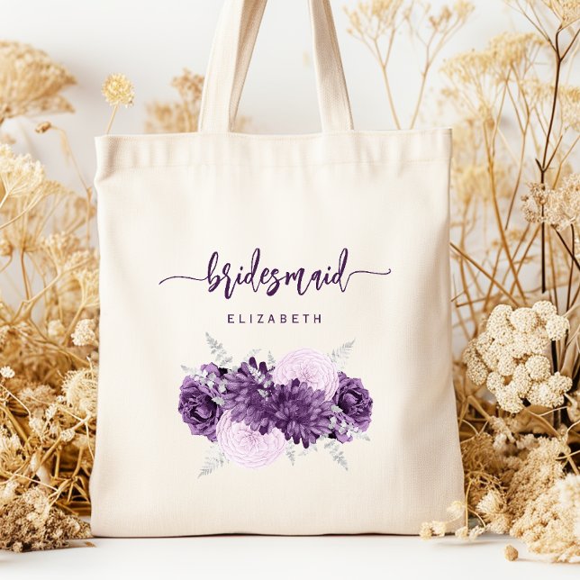 Personalized Bridesmaid Floral Purple Lilac Silver Tragetasche (Von Creator hochgeladen)