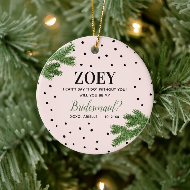 Personalized Bridesmaid Propoal Pink with Dots Keramik Ornament (Baum)