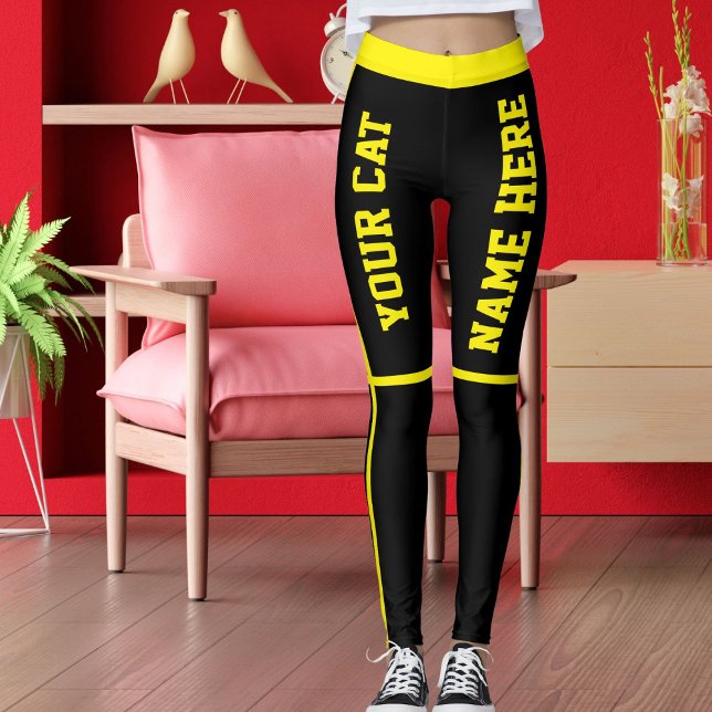 Personalized Bright Yellow Black Stripes Cat Names Leggings (Von Creator hochgeladen)